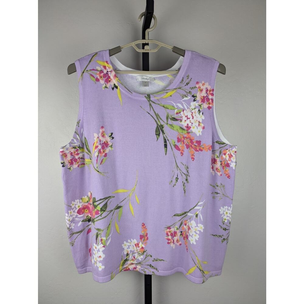 CJ Banks cotton sweater knit sleeveless shell top lavender purple floral